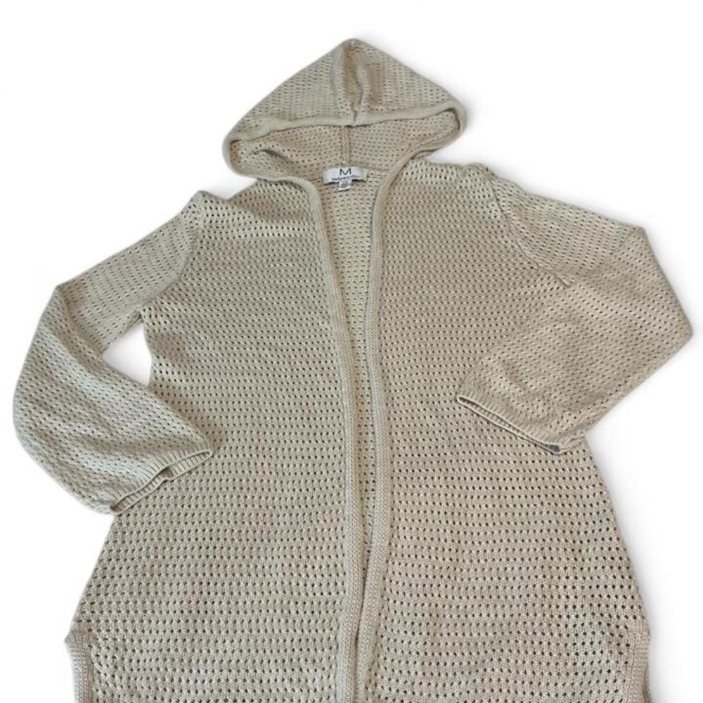 Magaschoni‎ Cardigan Women L Beige Open Knit Hooded Viscose Longline